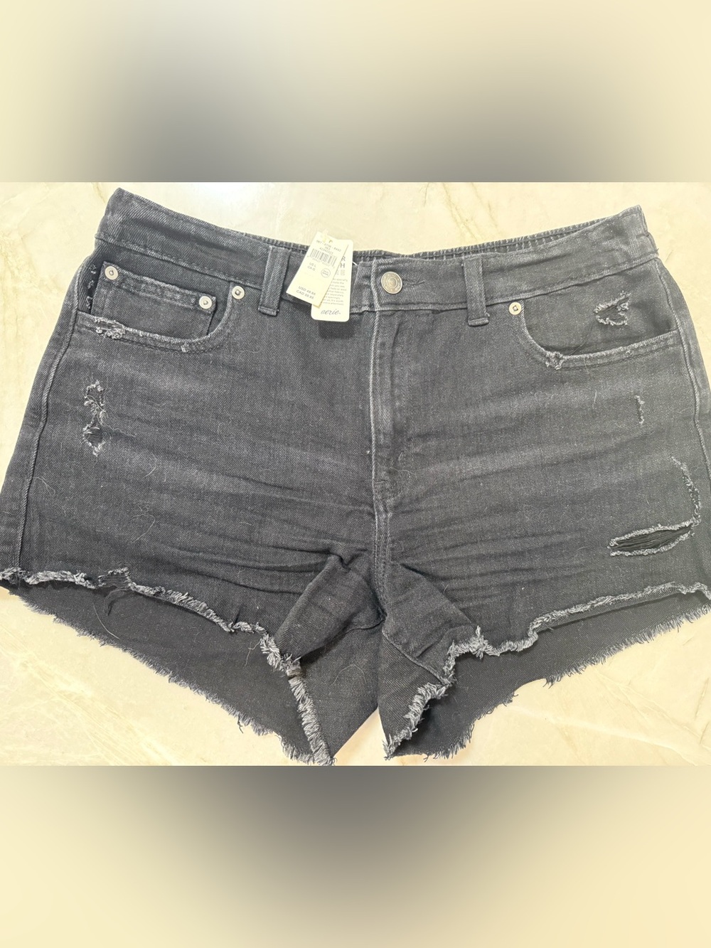 Aerie Womens Daydream Black Denim Jean Shorts Distressed Elastic Cutoff Sz L NWT